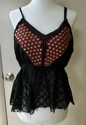 NWT - RAGA - Black Lace Top with rhinestone thumbnail 1