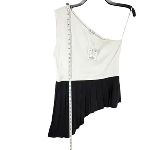 Zara One‎ Shoulder Top Womens L White Black Contrasting Pleated Hem Asymmetrical thumbnail 8