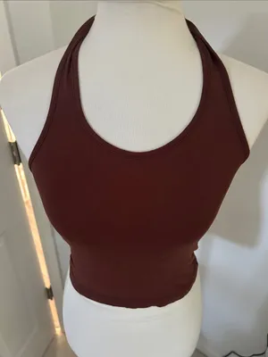 😍 Cutest Simple Brown Racerback Tied Halter Crop Tank thumbnail 2