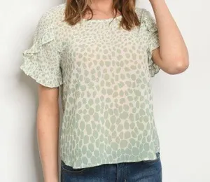 Available by Angela Fashion Ivory Green Ruffle Sleeve Top thumbnail 1