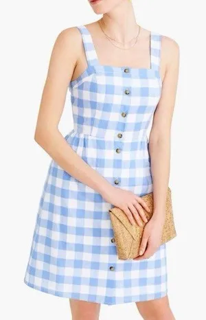 J.Crew‎ Factory Linen Gingham Check Button Lined Sundress Blue White size 10 thumbnail 1