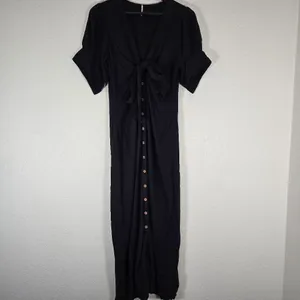 Free People Vintage Summer Midi Dress Tie Front Button down Black Size Large thumbnail 6
