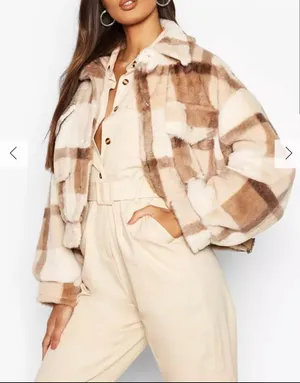 Boohoo Beige Plaid/check Fur Trucker Jacket thumbnail 2