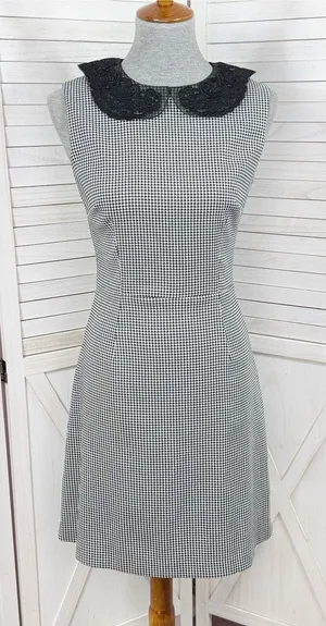 Betsey Johnson Lace Collar Houndstooth Sheath Dress Black White Sz 6 Sleeveless thumbnail 1