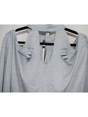 Edgy Gray Cold Shoulder Cutout Sweatshirt XXL Long Sleeve Top Distressed thumbnail 5