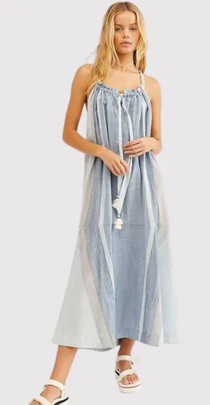 Free People Maxi Dress Blue Paradise and Back Striped Tasseled Flowy Boho Small thumbnail 1