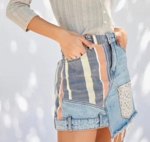 BDG Denim Mini‎ Skirt Asymmetrical Patchwork Striped Floral Size Large thumbnail 1