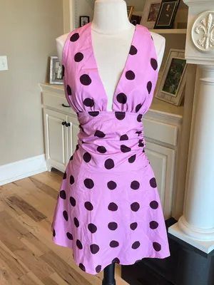 Pink Brown Polka Dot Silky Dress Halter Open Back Mini thumbnail 4