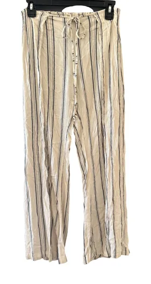 Billabong Womens Striped Wide Leg Linen Blend Pants‎ Cream Navy Blue Coastal L thumbnail 1