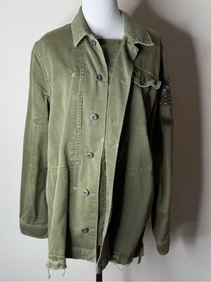 Free People Green Military Embroidered Beaded Shirt Jacket thumbnail 9