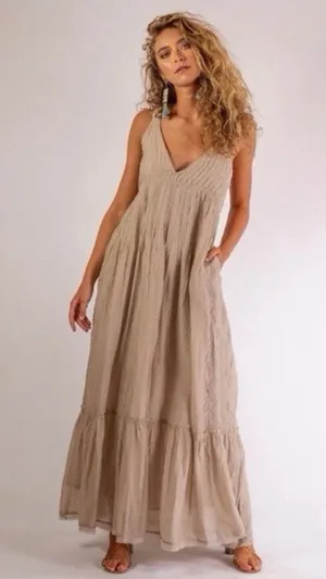 Free People Frankie Pintuck Maxi Dress Sand Women’s S Prairie Boho Western Lagen thumbnail 1