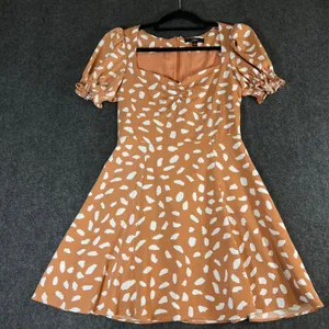 Lulus Terracotta Orange White Abstract Print Puff Sleeve Mini Dress Small thumbnail 1