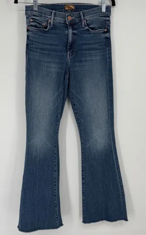 MOTHER The Weekender Fray Jeans Dancing On Coals Blue Flare Raw Hem‎ 27 thumbnail 1