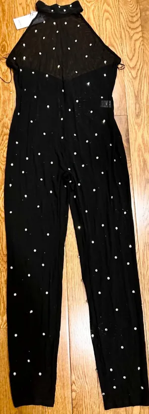 Akira NWT black sexy Alex mock neckline backless Rhinestone Mesh Jumpsuit XL thumbnail 6