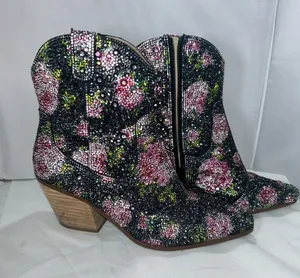Betsey Johnson Diva Black Crystal Floral Ankle Cowboy Boots Size 6M thumbnail 1