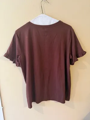 Short Sleeve Ruffle Tee in Brown Red Size L thumbnail 3