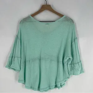 We The Free Sheer Aqua Mint‎ Green Linen Blend Relaxed Fit Dolman Henley Top thumbnail 7