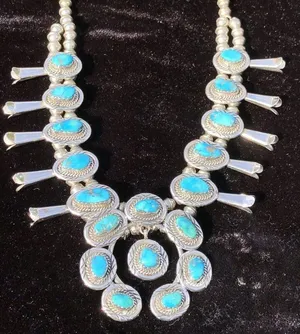 Vintage Sterling Silver Kingman Turquoise Squash Blossom Necklace Jewelry thumbnail 5
