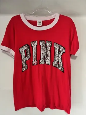 Victoria’s Secret PINK Red White Contrast Trim Sequin Graphic Tee L Ringer Bling thumbnail 1
