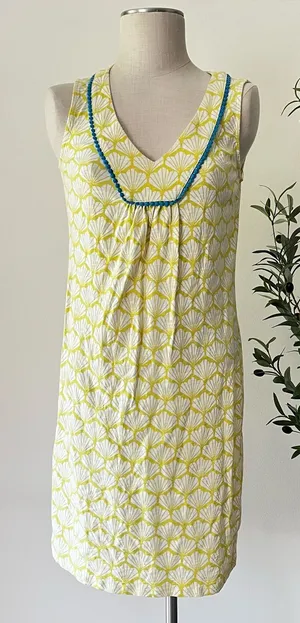 Boden Sleeveless chartreuse and teal Shell-Print cotton Dress thumbnail 1