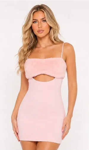 Naked Wardrobe Baby Pink Faux Fur Trim Bodycon Mini Dress Y2K thumbnail 1