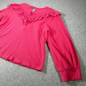 J. Crew Medium Womens Top Blouse Honeycomb Pattern Ruffle Neck Pink Puffy Sleeve thumbnail 4