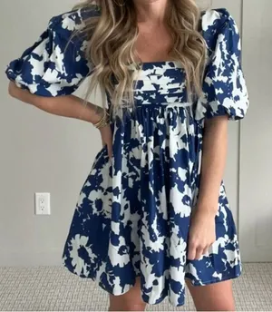 Abercrombie Emerson Poplin Puff Sleeve Midi Dress Blue Floral S Cottagecore Coquette thumbnail 1