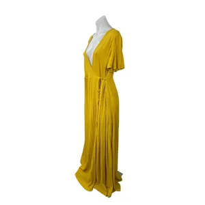 Lulus Much Obliged Women's Yellow Deep V Neck Short Sleeve Maxi Wrap Dress Sz L thumbnail 3