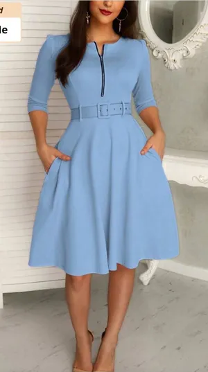 ChicMe Light Blue Belted Midi Dress with Front Zip Detail thumbnail 1