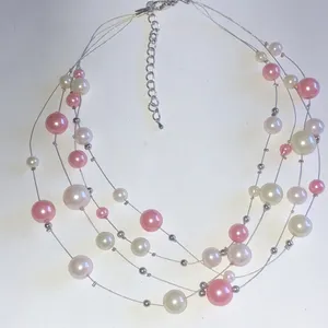 Silver Tone & White Pink Faux Pearl Beaded Boho Multi Strand Wire Necklace thumbnail 3