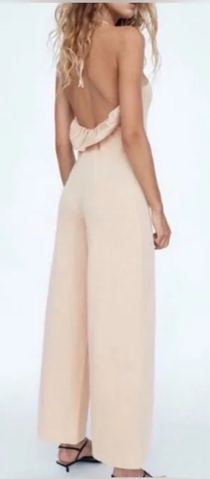 Zara Neutral Halter Backless Wide-Leg Jumpsuit M thumbnail 1