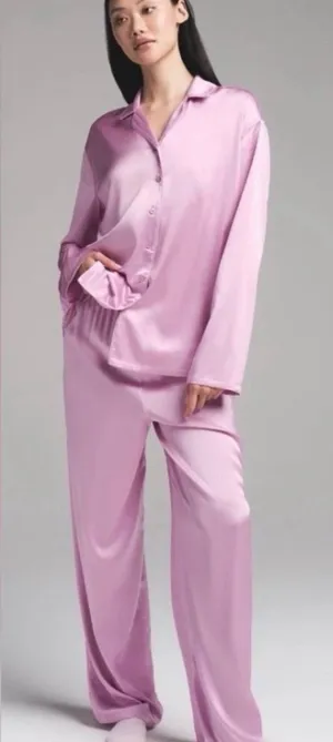 SKIMS Woven Shine Long Sleeve Sleep Set Pajamas Pink Rose Size M NWT thumbnail 1