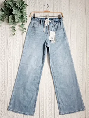 RISEN Light Wash Wide Leg Jeans Elastic Cinch Tie Waist Slouchy Various NEW thumbnail 3