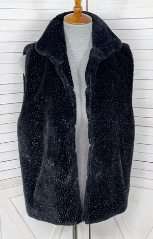 Betsey Johnson Faux‎ Fur Vest Black Metallic Silver Shimmer Large thumbnail 1