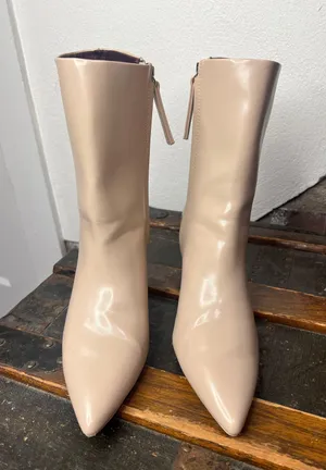 Vegan Beige Kitten Heel Pointed Toe Booties thumbnail 3