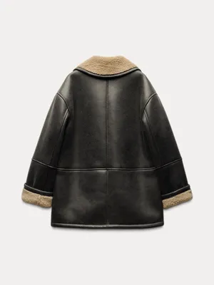 Zara Black Faux Leather Pea Coat with Cream Shearling Collar thumbnail 4