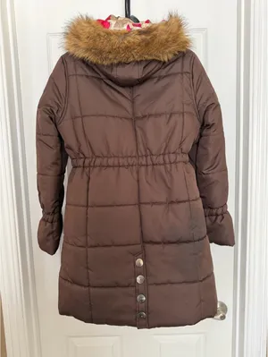 KC Collections brown puffer coat with faux fur hood thumbnail 7