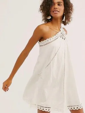 Free People Billie One Shoulder Mini Dress Womens Small‎ Ivory Crochet Lace Boho thumbnail 1