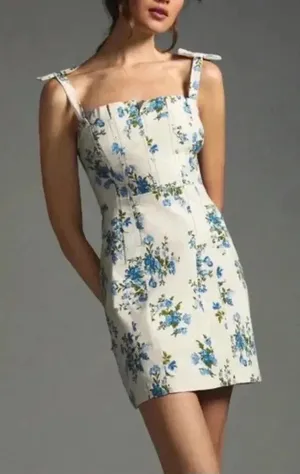 Anthropologie $160 Blue Flower Mini Dress Blue Floral Cottagecore Boho Bohemian‎ thumbnail 1