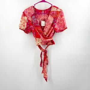 Free People Ashley Top SZ Large Fun Combo Wrap Crop NWT Red Boho Floral Waist thumbnail 3