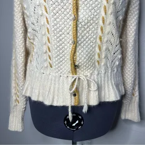 Hand Knit Cream Cable Knit Textured Cinched Waist Button Front Cardigan thumbnail 7