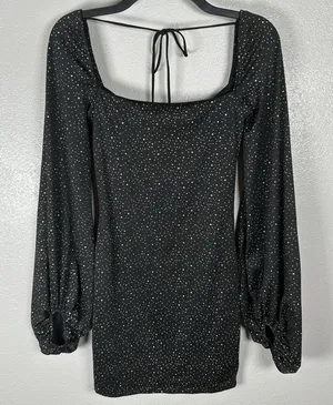 Lucy In The Sky Long Sleeve Mini Dress Womens Small Black Silver Glitter Party thumbnail 1