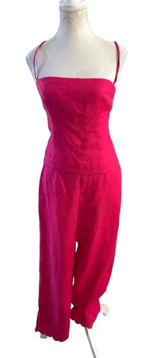 REFORMATION Hot Pink Linen‎ Scalloped Matching Set Liam Pants Overland top Sz 4 thumbnail 1