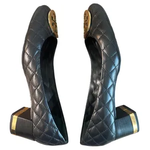 Tory Burch Claire Quilted Block Heel Pumps Black Gold Logo Leather Size 8 thumbnail 7