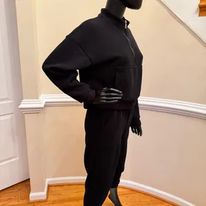 Two Piece Ribbed Set Tracksuit Sport Set Gym Crop Top Mock Neck Blouse Pants thumbnail 7