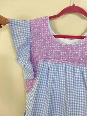 J. Marie Blue Gingham Plaid Flutter Sleeves Floral Embroidery Tiered Midi Dress thumbnail 4