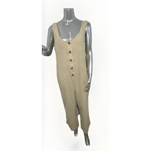 Marine Layer Striped Jumpsuit Womens Small Tan White Hemp Blend Coastal Wide Leg thumbnail 2