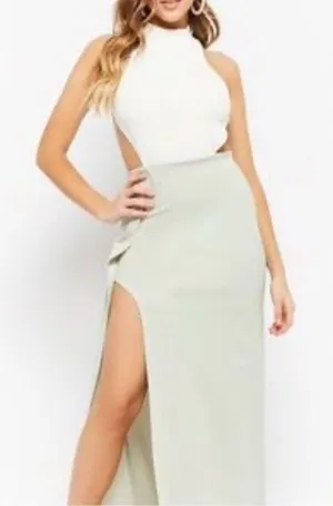 Blithe NWT White Green Open Back Sleeveless Cutout Halter Maxi Dress Small thumbnail 1