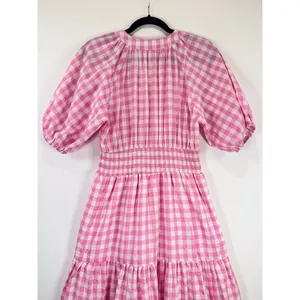 Entro Midi Dress Pink Tiered Gingham V Neck Puff Sleeve Smocked A Line Medium thumbnail 9