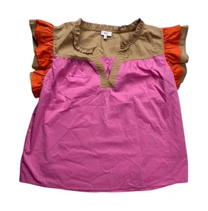 VOY‎ Ruffle Sleeve Blouse Womens Medium Pink Tan Orange Colorblock Cotton Top thumbnail 1